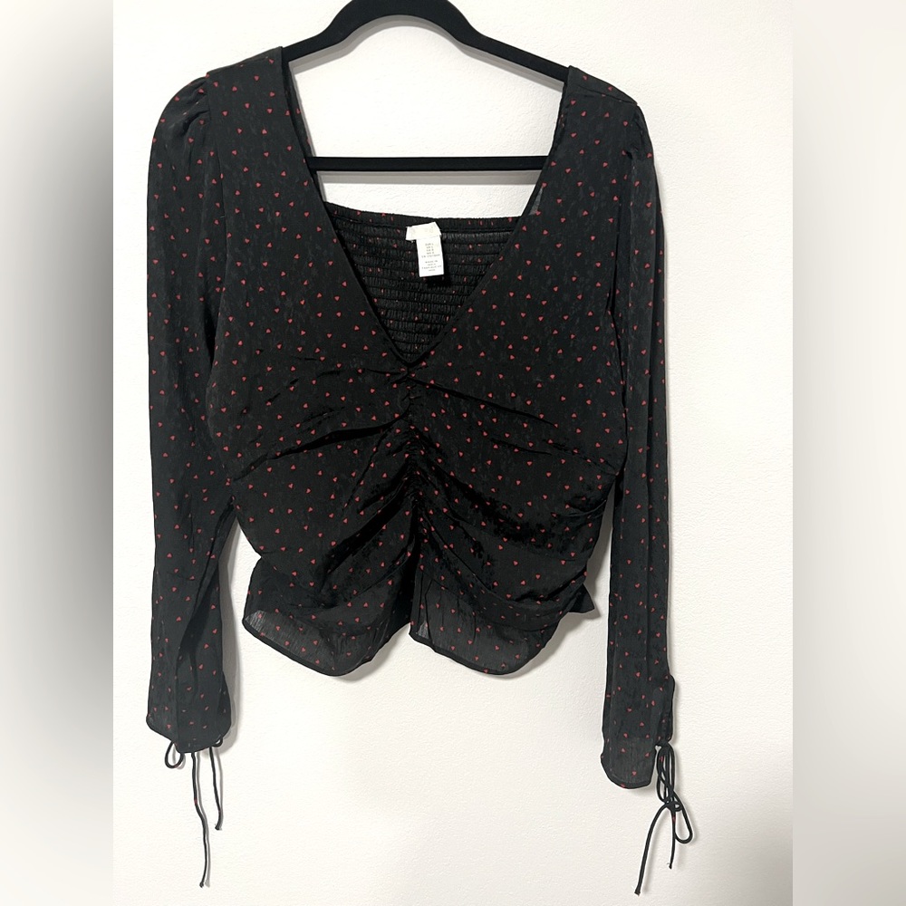 Black with Red Hearts Ruched Top